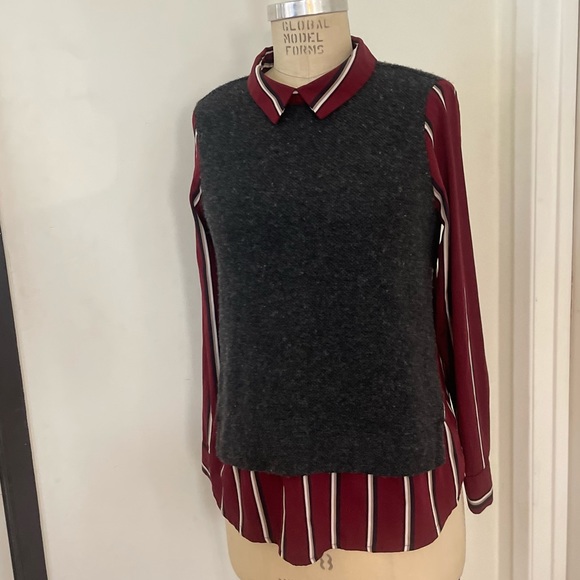 Daorae Gray Solid Sweater Vest With Striped Layered Blouse - Picture 5 of 8